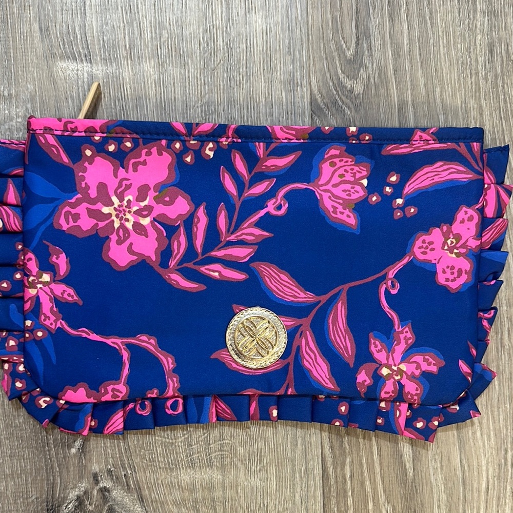 Vibrant Blue and Pink Floral Wristlet with Curved Flap